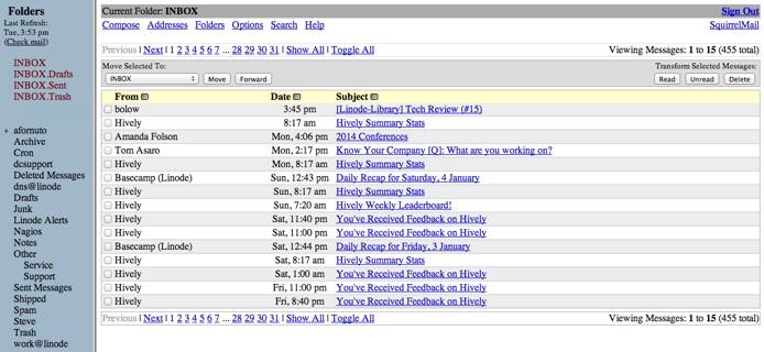 SquirrelMail Inbox view.