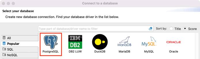 Screenshot of the DBeaver database selection screen with MySQL highlighted