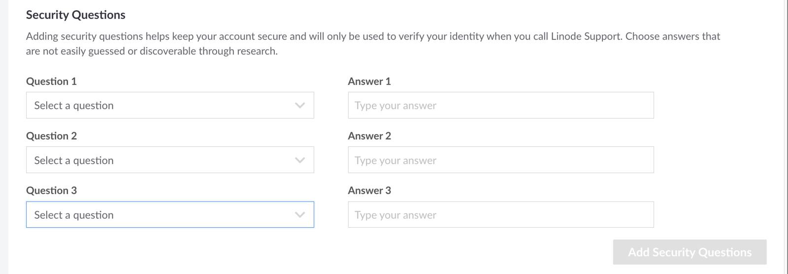 Screenshot of the Security Questions in Cloud Manager